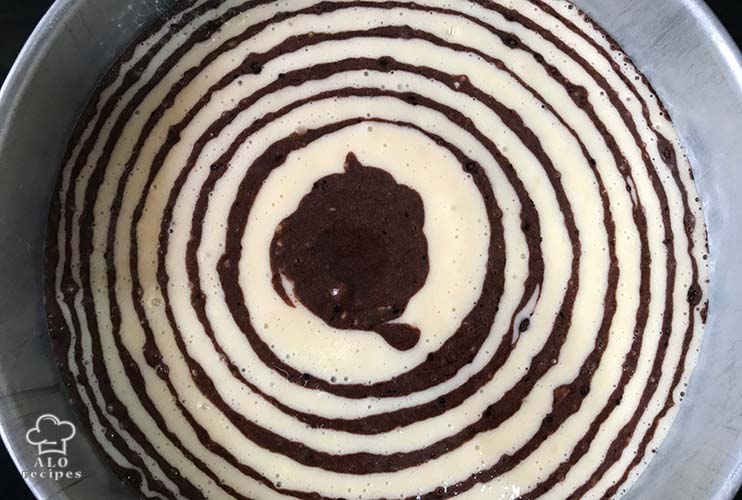 zebra cake with 10 steps of pouring batter