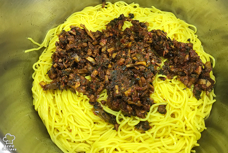 Add the cooked pasta and sauce